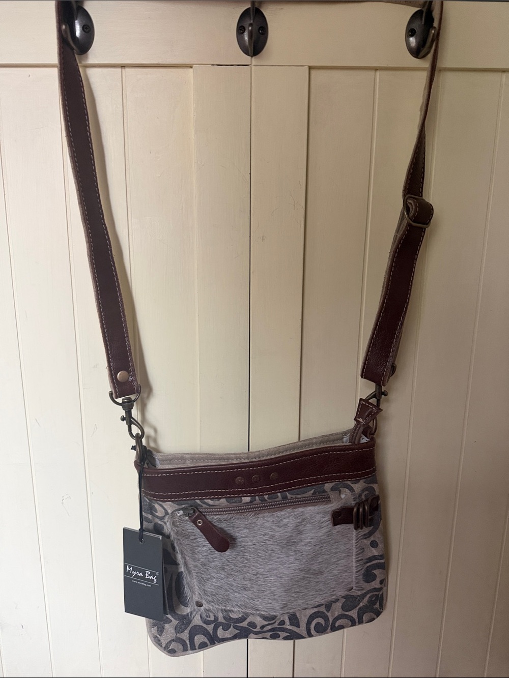 Myra Bag Gray Hair-on-Hide Crossbody with Brown Trim and Patterned Panel NWT